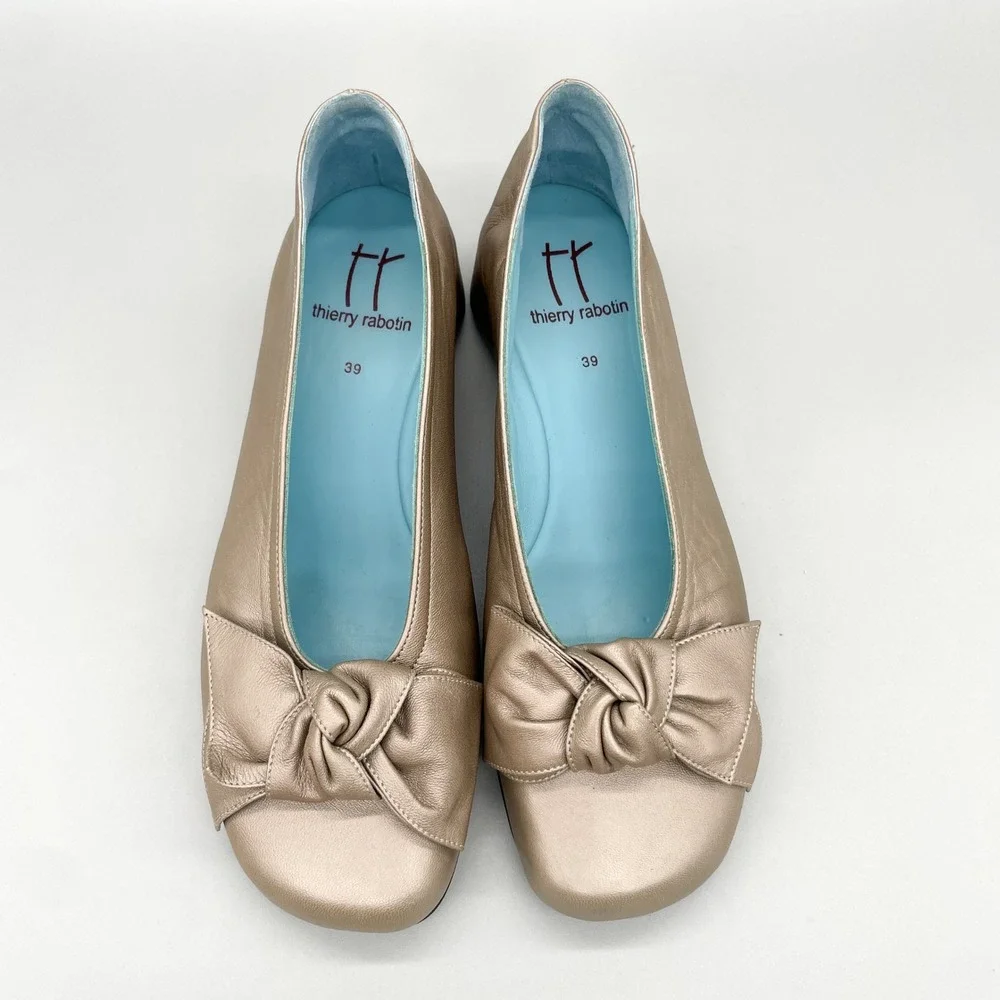 Thierry Rabotin Womens 39 9 Ballerina Bow Square Toe Metallic Champagne Wedge